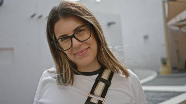 Gözlüklü, gülümseyen esmer bir kadın güneşli bir şehir ortamında duruyor, seyahat ve eğlence çağrıştırıyor..