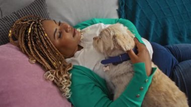 Genç Afro-Amerikalı kadın, örgü örgülü, rahat bir oturma odasında köpeğiyle kanepede dinleniyor..