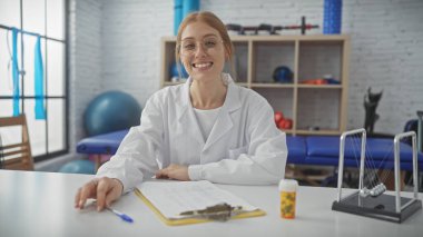 Beyaz laboratuvar önlüklü gülümseyen genç bir kadın rehabilitasyon ekipmanlarıyla çevrili bir fizik tedavi kliniğinde oturuyor..