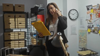 İspanyol kadın dedektif, kanıt panosu ve dosyalarla telefonda.