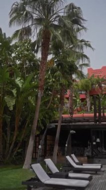 Bulutlu bir gökyüzünün altında yemyeşil palmiyelerle çevrili tropikal bir kabine bakan lüks dinlenme yerleri..