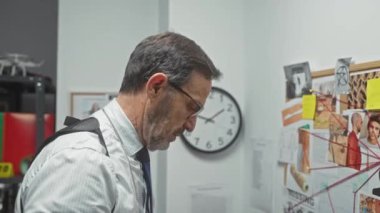 Olgun sakallı adam bir dedektifin ofisinde kanıt panosunu inceliyor..