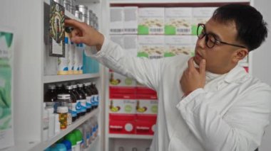 Genç, yakışıklı, beyaz önlüklü Asyalı bir adam. Parlak bir eczanenin rafında ürünleri inceliyor. Etrafı şişelerle, ilaçlarla ve takviyelerle dolu..