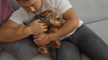 Genç Çinli bir adam oturma odasında oturuyor, küçük köpeğini sevgiyle tutuyor, evde huzurlu ve samimi bir an yaratıyor..