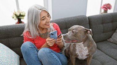 Kendinden emin orta yaşlı, gri saçlı kadın evden alışveriş yapmayı seviyor. Köpeğiyle koltukta oturup gülümsüyor ve kredi kartıyla ödemelerini yapıyor.