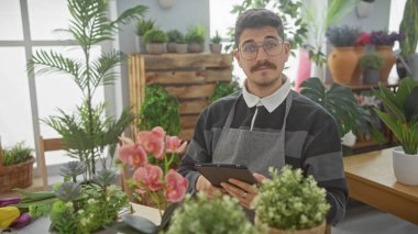 Çiçekçide tablet kullanan İspanyol bıyıklı adam. Etrafı çeşitli bitkilerle çevrili..