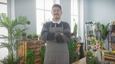 Bıyıklı, kendine güveni tam bir İspanyol adam. Kapalı yeşil çiçekçi dükkanında kollarını kavuşturmuş, önlük giyiyor..