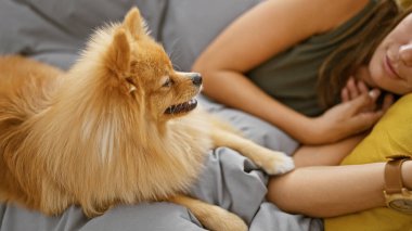 Yorgun ama güzel İspanyol bir kadın sevimli köpeğiyle rahat bir şekilde uyuyor. Evin içinde rahat bir yatak odasında, rahat bir yatakta pijamalarıyla dinleniyor.