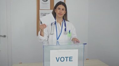 Genç bir İspanyol kadın doktor kapalı bir seçim odasında oy veriyor. Elinde bir oy sandığının yanında bir zarf var..