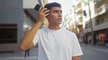 Şehir caddesinde akıllı telefonu tutan dalgın genç adam.