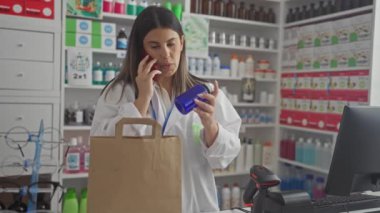 Genç bir İspanyol esmer kadın eczanede çalışıyor. Telefonunu bir kese kağıdına yerleştirirken kullanıyor. Arka planda çeşitli şişeler ve bilgisayar var..