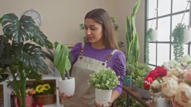 Genç bir İspanyol kadın bitkileri parlak bir çiçekçide karşılaştırıyor, etrafa güzellik ve huzur saçıyor..