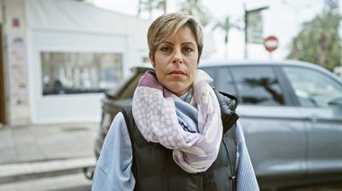 Kısa sarı saçlı, kendine güvenen İspanyol bir kadın şehir sokağında duruyor. İfadesi düşünceli ve doğrudan bakıyor..