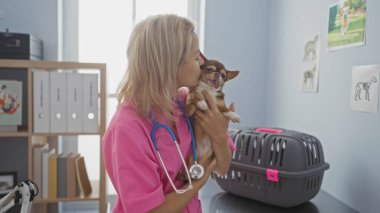 Klinikte pembe üniformalı ve steteskoplu genç sarışın bir kadın, küçük bir chihuahua köpeğini sevgiyle tutuyor ve öpüyor..