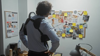 Karakolda karmaşık bir soruşturma kurulunu analiz eden bir adamın arka görüntüsü..