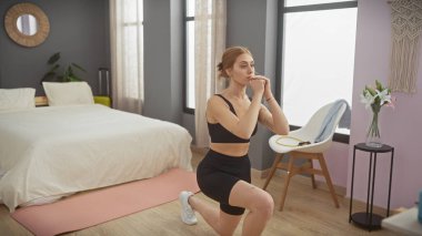 Aktif giyinen odaklanmış genç bir kadın şık bir yatak odasının iç kısmında yoga minderine atlıyor..