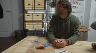 Sakallı İspanyol genç adam, bir dedektifin ofisinde düşünceli bir şekilde oturuyor. Etrafı delil ve soruşturma dosyalarıyla çevrili..