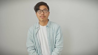 Beyaz bir arka planda sıradan giyinmiş Asyalı genç bir adamın portresi, tarafsız bir ruh halini ifade ediyor..