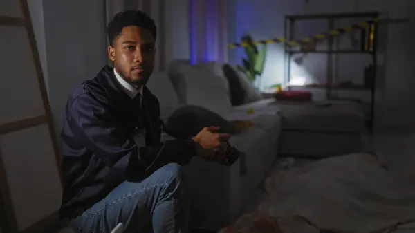 stock image African american man holding camera in a dimly lit crime scene room with police tape in the background.