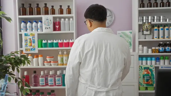 stock image A young chinese man in a white coat stands in a pharmacy with shelves filled with various medical and cosmetic products, suggesting an indoor professional setting in china.