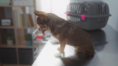 Dilini dışarı çıkarmış bir chihuahua köpeği arka planda bir hayvan taşıyıcı ile veteriner muayene masasında oturur..