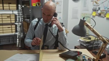 Kel dedektif telefonda konuşuyor. Elinde kanıt panosu, evrakları ve kupası var..