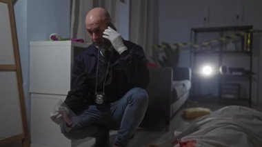 Eldivenli kel dedektif, cinayet mahallinde telefonda konuşuyor. Ceset, kanıt ve uyarı bandıyla.