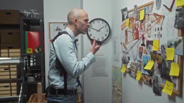 Sakallı, kel bir dedektif, polis karakolunda elinde harita, fotoğraf ve saat bulunan kanıtları inceliyor..