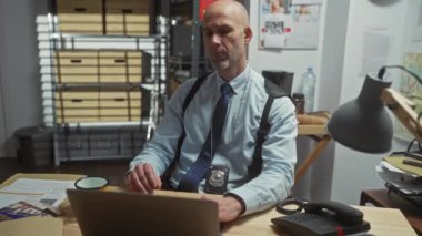 Sakallı kel dedektif dağınık polis ofisinde kanıtları analiz ediyor, kahve içiyor, dava üzerinde çalışıyor..