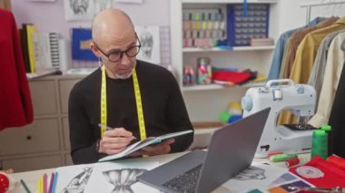 Sakallı, kel bir adam dikiş malzemeleri ve dizüstü bilgisayarla çevrili bir terzi dükkanında taslak çiziyor..