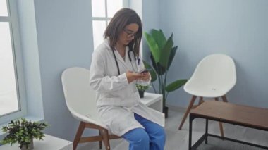 Kliniğin bekleme odasında beyaz önlük ve mavi önlük giymiş, akıllı telefon kullanan genç bir bayan doktor modern bir sağlık merkezinde tıbbi profesyonellik gösteriyor..