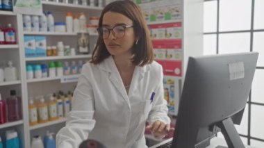 Beyaz önlüklü bir kadın bir eczanede duruyor, ürünleri inceliyor, arka plandaki raflarda düzgünce yerleştirilmiş çeşitli sağlık ürünleri var..