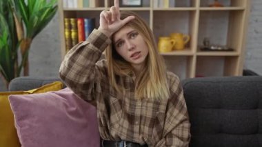 Küstah sarışın kadın hayal kırıklığıyla alay ediyor. Evdeki kanepede oturmuş ezik işareti yapıyor. Alnında parmaklarıyla insanları aşağılıyor..