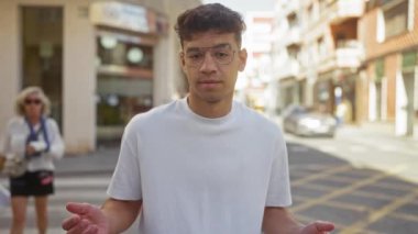 Gözlüklü ve beyaz gömlekli İspanyol genç adam güneşli bir şehirde omuz silkiyor..