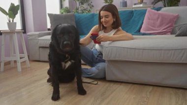 Genç bir İspanyol kadın, elinde labradoruyla oturma odasında uzanıyor, elinde bir telefon ve gülümsüyor, etrafı hoş bir dekor ve canlı bitkilerle çevrili..