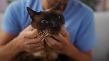 Genç İspanyol bir adam, bir evcil hayvan sahibiyle kedi arkadaşı arasındaki doğal bağı tasvir eden bir siyam kedisini sevgiyle tutuyor..