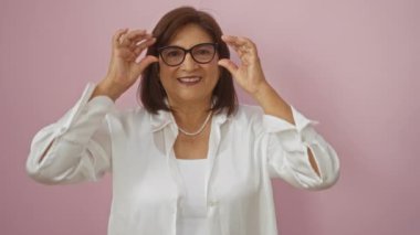 Gülümseyen, kısa saçlı, gözlüklü, beyaz bluzlu, pembe arka planda duran olgun bir İspanyol kadın..