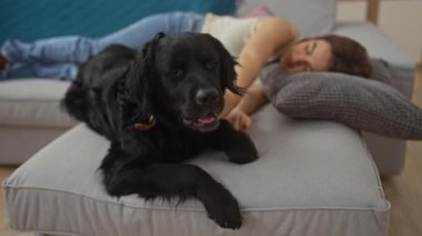 Genç bir İspanyol kadın, siyah labrador köpeğiyle birlikte rahat bir oturma odasındaki kanepede, birlikte huzurlu ve sakin bir anın tadını çıkarıyor..