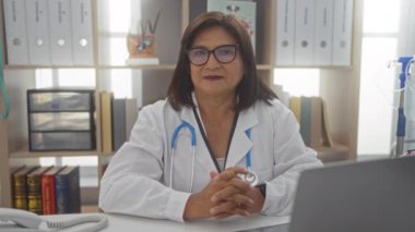 Orta yaşlı, steteskoplu beyaz önlüklü bir İspanyol kadın doktor, tıbbi kitaplar, raflar ve ofis malzemeleriyle dolu bir klinikte kollarını kavuşturuyor..