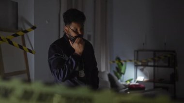 Afro-Amerikan bir polis dedektifi kapalı bir suç mahallinde telsizle iletişim kuruyor..