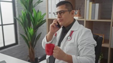 Gözlüklü İspanyol doktor klinikte telefonla konuşurken kahve içiyor.