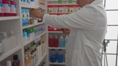 Beyaz önlüklü bir adam eczanedeki ürünleri doğal ışıkla inceliyor..