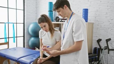 Erkek bir fizyoterapist, iyi aydınlatılmış bir fizyoterapi kliniğindeki kadın hastaya tıbbi notları açıklar..