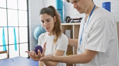 Beyaz önlüklü bir erkek fizyoterapist, parlak bir fizyoterapi odasında elinde egzersiz topu tutan odaklanmış bir kadına yardım ediyor..