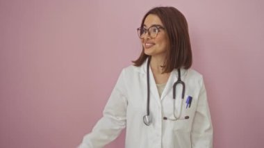 Doktor üniforması giyen genç İspanyol kadın mutlu mesut gülümsüyor. İzole edilmiş pembe arka planda el ve parmak ile işaret ediyor.