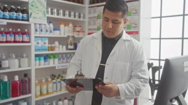 Beyaz laboratuvar önlüklü, odaklanmış bir İspanyol adam iyi stoklanmış bir eczanedeki bir panoda notları gözden geçiriyor..