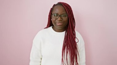 Pembe arka planda beyaz kazaklı neşeli kadın barış işareti yapıyor.