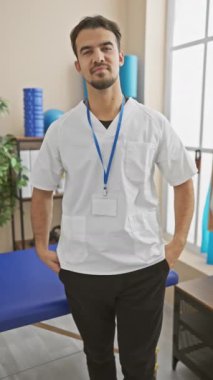 Kendine güvenen, sakallı genç İspanyol erkek terapist rehabilitasyon kliniğinin içinde poz veriyor, profesyonellik ve yakınlık yayıyor..