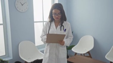 Beyaz önlüklü genç bir bayan doktor, elinde bir dosya, beyaz sandalyeler, duvarda bir saat ve doğal ışık alan bir pencereyle bir hastane bekleme odasında duruyor..
