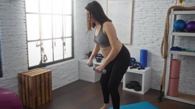 İyi donanımlı bir spor salonunda halterlerle egzersiz yapan hamile bir kadın. Tuğla duvarlar ve spor aletleri..